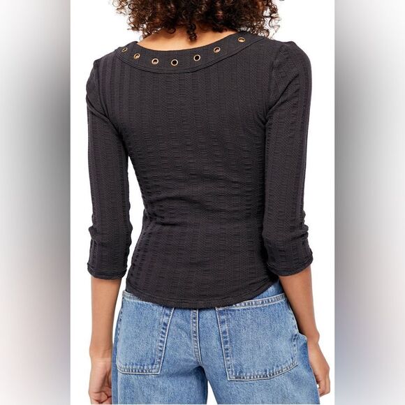 Free People Washed grey Ice Cold Lace-Up Scoop Neck Cotton blend Top Sz S - Picture 3 of 12